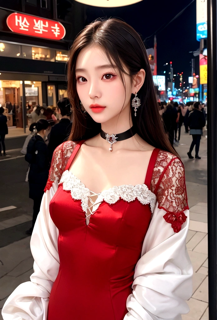 8K,masterpiece,RAW photos,best quality,Detail:1.2),henthal realism,Highly granular CG integration 8k,8K,diamonds and wallpapers,depth of field photography film light,Lens Flash,light tracking,(Very pretty look,beautiful lips,beautiful eyes),Face with intricate details,((highly detailed skin))1 girl,Korean Female Model,어둠 속의 어두운 night,deep shadows,pretty korean girl,kpop idol,(Very slim, lean and muscular body.:1.3),(View audience),(tight miniskirt),(red dress),(injection sleeve),(도시의 night,(neon sign),(night),Beautiful Korean girl earrings,wristband,choker necklace,Lace-up pantyhose,clear eyes,walk,(pale skin),facing forward,(big eyes),((Upper body shot)),tight clothes.,silk dress,Lace-up dresses,see through dress,turn around,rear shot,very slim,slander,slander, Crowded streets in New York:1.3