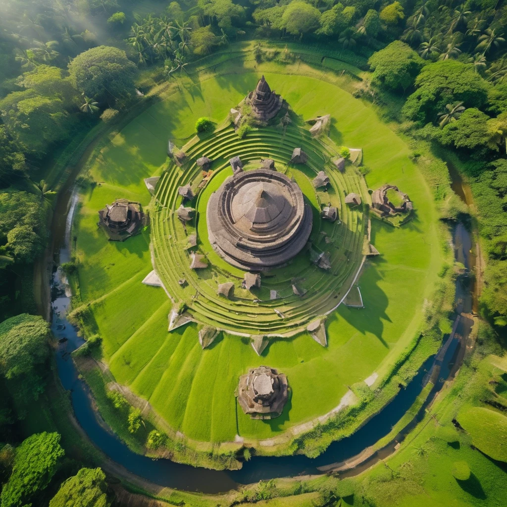 Aerial view of Trowulan, lush green landscapes, and ancient ruins. 