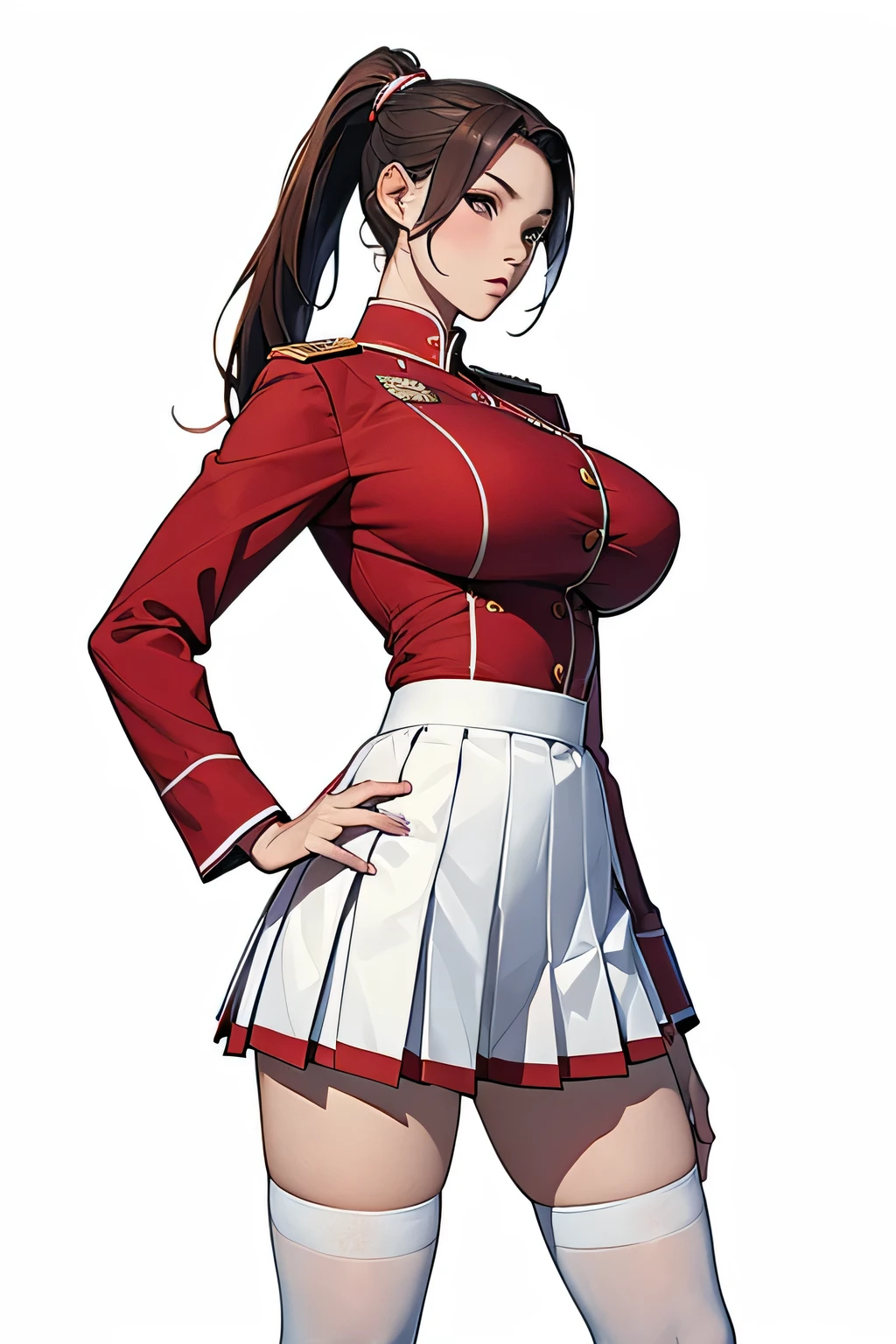 masterpiece, Highest quality, Red clothes、ponytail、mascot, Epaulettes, uniform, Pleated skirt, White knee socks, Big Breasts, View your viewers, whole body, White background、 Hands on hips, Beautiful Hands