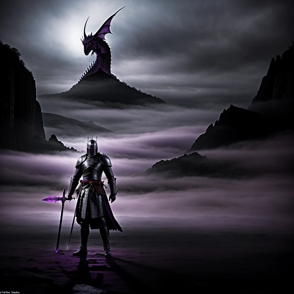 In a desolate and gloomy place full of purple fog, the black silhouette of a knight carrying a sword is seen, standing in front of a creature with black scales and beautiful purple eyes, the creature resembles a dragon, like a movie from the 1970s