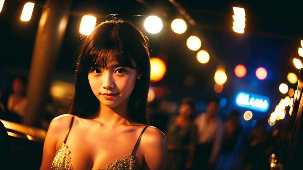 A 20-year-old woman with a very cute idol-like face and a young-looking face.、((leica 50 mm prime lens, cinestill 800T film))、((cinematic lighting))、(Cleavage)、(((A beautiful and magical night)))、((Very dim lighting))、((Don't expose your face to the light))、((Long-distance shot))、(live-actionと見分けがつかない高品質)、RAW Photos、Genuine、live-action、High resolution、masterpiece
