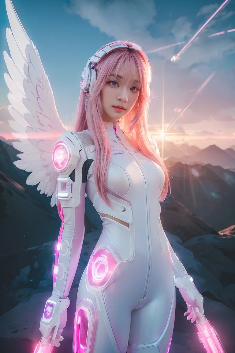 ((masterpiece, best quality, extremely detailed), volumetric lighting, ambient occlusion, colorful, glowing), 
1girl, solo, young girl, (pink hair), long hair, halo, aura, sacred, godness, cyber suit, (white outfit:1.3), android, bot, angel wings,
outdoors, sunset, sky, clouds, space, (cyberpunk theme:1.2),