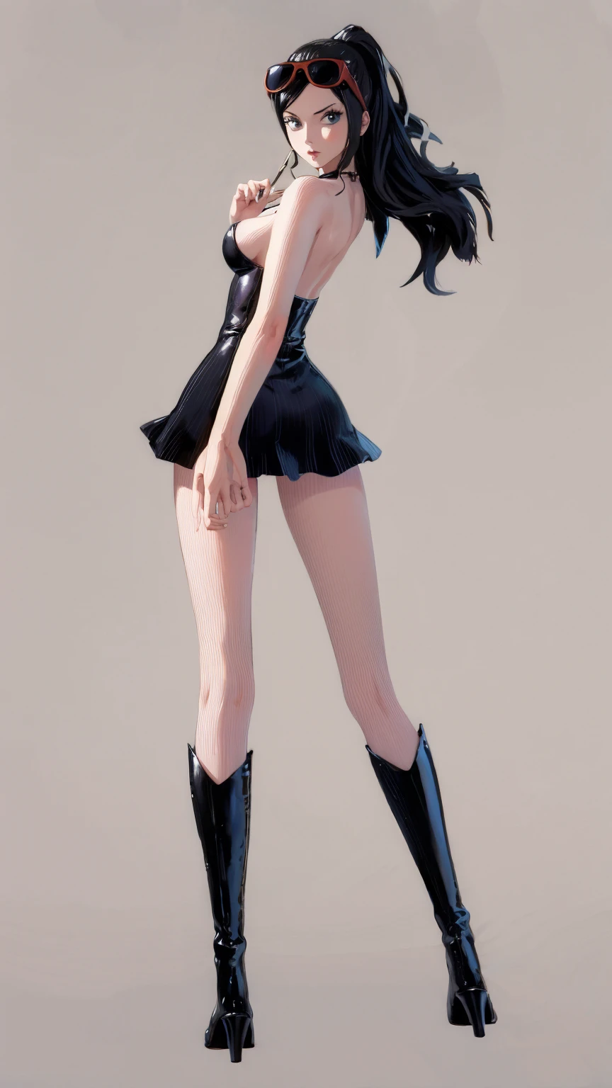 1girl, solo, boots, eyewear on head, black hair, dress, high heels, sunglasses, short dress, long hair, looking back, breasts, ponytail, nico robin, legs,medium_breasts,sideboob