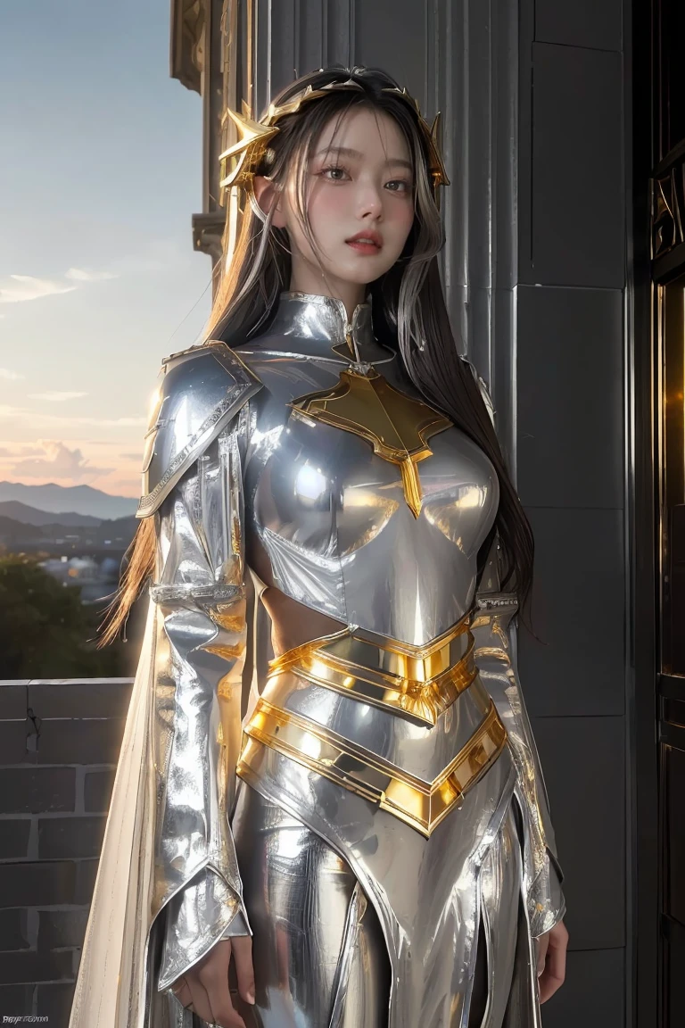 ((masterpiece, best quality, extremely detailed), volumetric lighting, ambient occlusion, colorful, glowing), 1girl, solo, young girl, (dark hair), long hair, halo, aura, sacred, goddess, cleric suit, (silver outfit with gold detailst:1.3), armor, outdoors, sunset, sky, clouds, space, (fantasy theme:1.2),