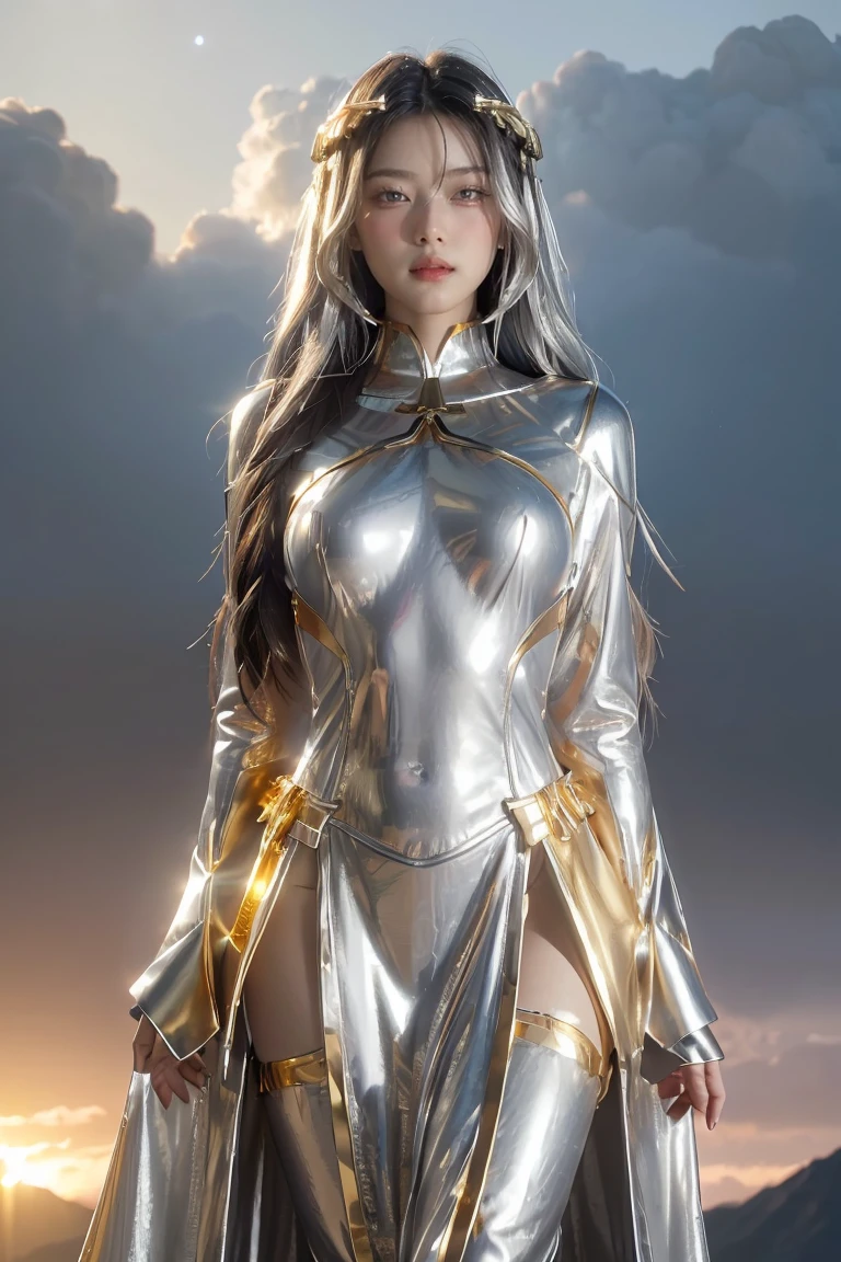 ((masterpiece, best quality, extremely detailed), volumetric lighting, ambient occlusion, colorful, glowing), 1girl, solo, young girl, (dark hair), long hair, halo, aura, sacred, goddess, cleric suit, (silver outfit with gold detailst:1.3), armor, outdoors, sunset, sky, clouds, space, (fantasy theme:1.2),