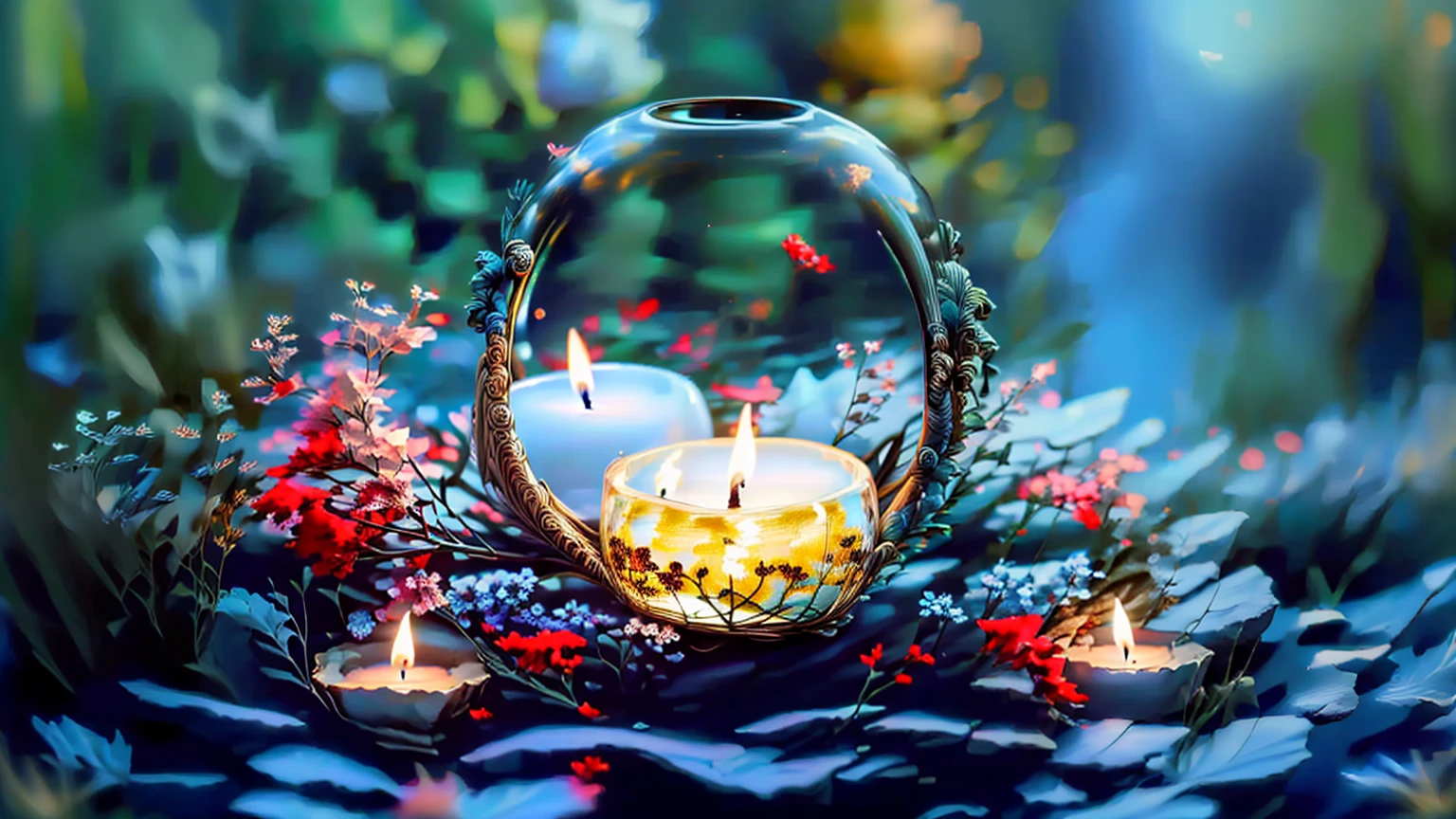 A lit candle in a circular glass bowl with stones and flowers, Peaceful atmosphere, Relaxed atmosphere, Candles in the foreground, Beautiful atmosphere, Candlelit, relaxed mood, Night atmosphere, Peaceful atmosphere, The candle is lit, Candlelights, Beautiful atmosphere, Relaxing environment, Floating Candles, Quiet and peaceful atmosphere, Very peaceful mood, Candlelight, Light a candle