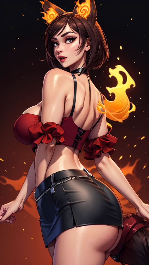 (masterpiece:1.3), (highly detailed:1.3), (highres:1.1), best quality, Ultra-detail, 1girl, solo, looking at viewer, fiery tail, wolf ears, Sinder vtuber, cleavage, standing, excited, red top, black mini skirt, pleated skirt. midriff, brunette, seductive, wide hips, from behind,