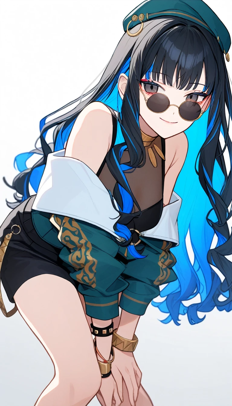1girl, solo, long hair, black hair, colored inner hair, blue hair, wavy hair, eyeliner, makeup, jewelry, beret, o-ring, neck ring, black shorts, buttons, round sunglasses, bracelet, bare shoulders, green jacket, white jacket, off shoulder, zipper, from below, leaning forward, hand between thighs, smile, closed mouth, cropped face, lower body, masterpiece