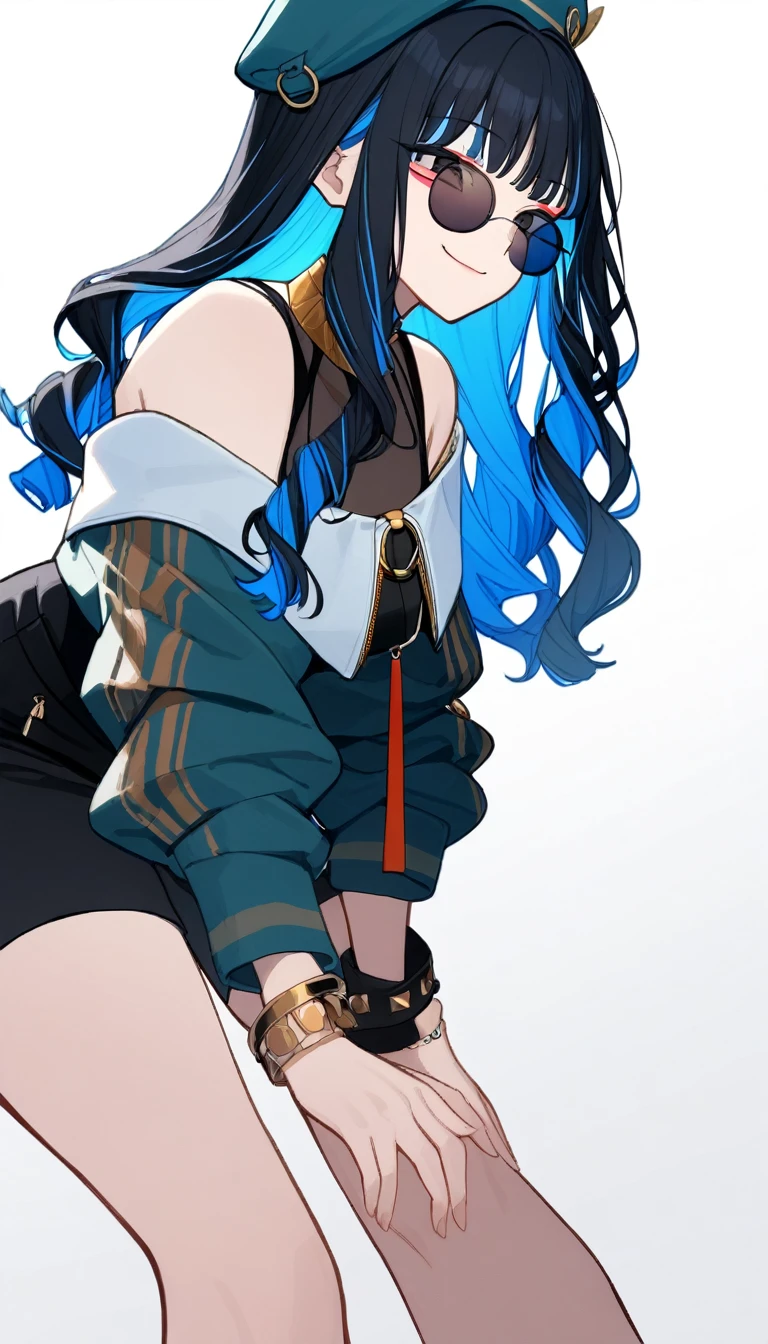 1girl, solo, long hair, black hair, colored inner hair, blue hair, wavy hair, eyeliner, makeup, jewelry, beret, o-ring, neck ring, black shorts, buttons, round sunglasses, bracelet, bare shoulders, green jacket, white jacket, off shoulder, zipper, from below, leaning forward, hand between thighs, smile, closed mouth, cropped face, lower body, masterpiece