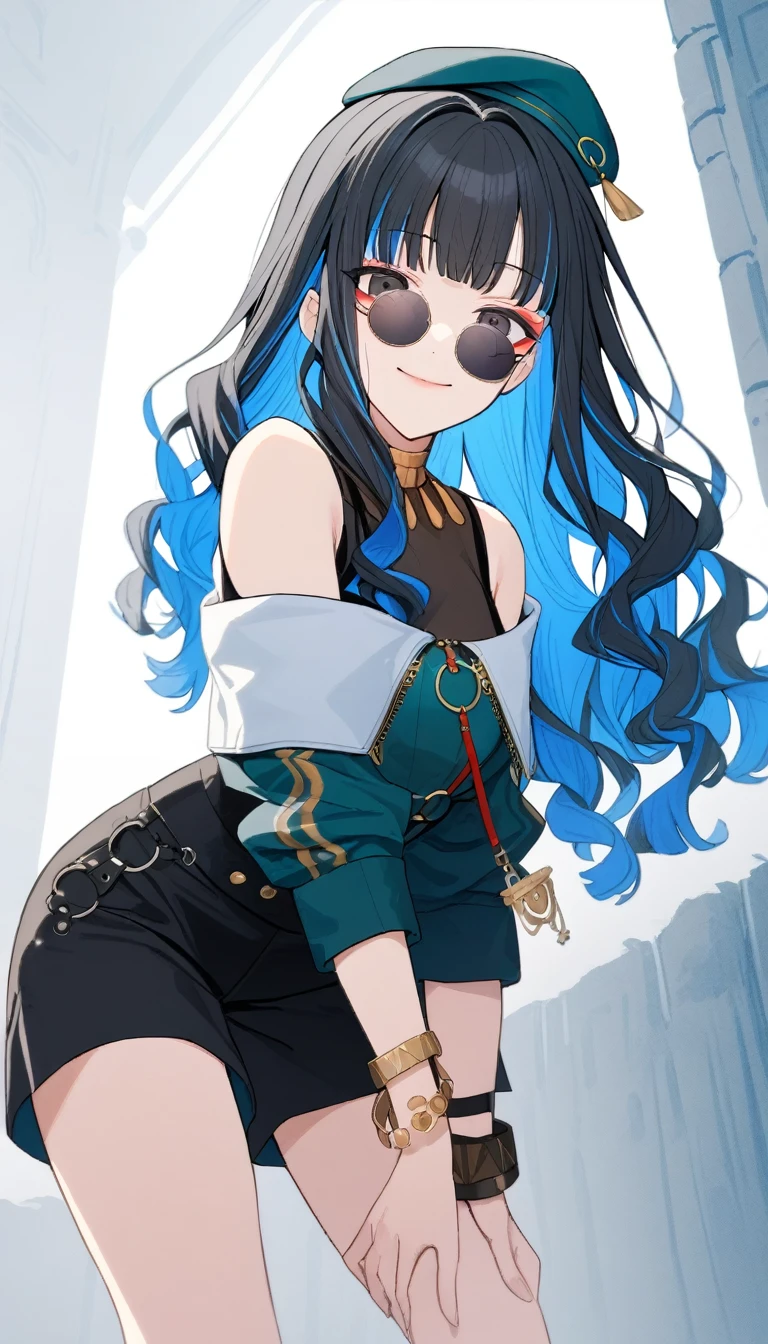 1girl, solo, long hair, black hair, colored inner hair, blue hair, wavy hair, eyeliner, makeup, jewelry, beret, o-ring, neck ring, black shorts, buttons, round sunglasses, bracelet, bare shoulders, green jacket, white jacket, off shoulder, zipper, from below, leaning forward, hand between thighs, smile, closed mouth, cropped face, lower body, masterpiece