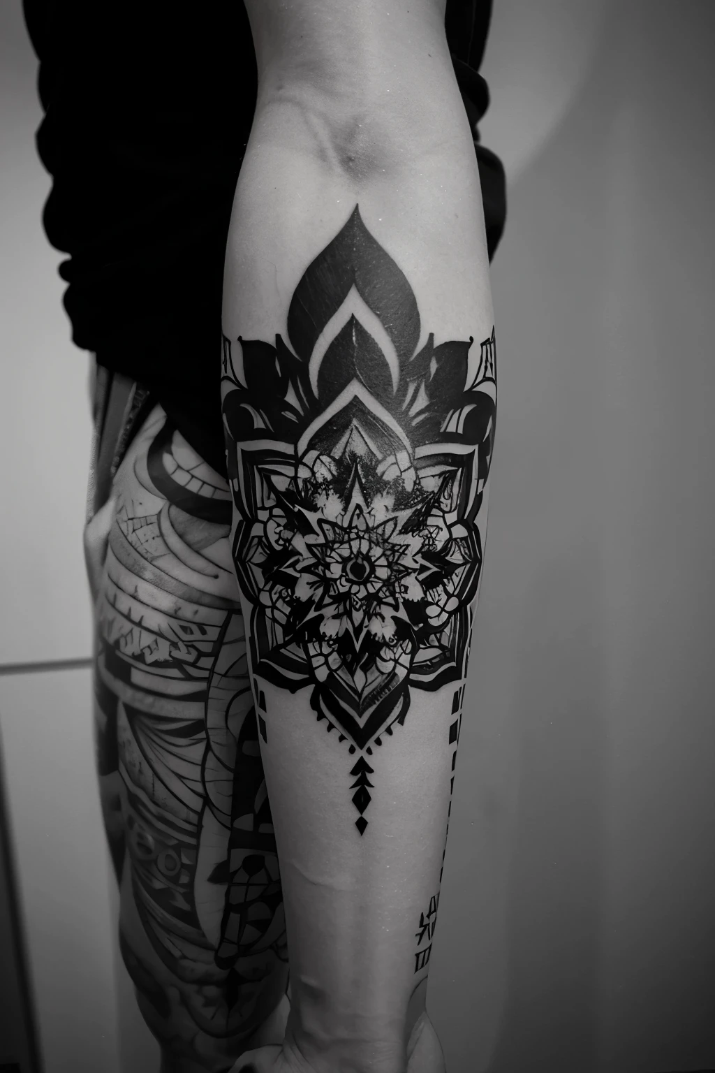 create tattoo stencil of a geometric mandala gray, black and white design for elbow