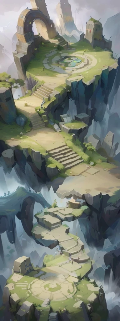 Chinese style，There is an island with stairs in the painting, odin's stone Arena Background, stylized Concept Art, Arena Background, riot games Concept Art, painted as a game Concept Art, background technology, league of legends Concept Art, environment Concept Art, 2D Game Environment Design, Isometric Game Art, Dungeon Background, Background of the site, game Concept Art, Concept Art