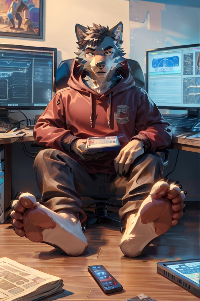 (((Barefoot furry character, full body, cinematic setting, furry male, plantigrade))) computer lab scene with a tech-savvy Wolf, Legoshi, wearing a hoodie and glasses, sitting at a computer desk surrounded by monitors and circuit boards, long brown pants, nice soles of feet paws, (((showing soles to viewer))) BREAK, detailed background, 8K, (masterpiece:1.5), intricate details, highly detailed, extreme detail, octane render, fine art, best quality, highres, (detailed face:1.5), ((full_body)), UHD, (((perfect hands))), low light