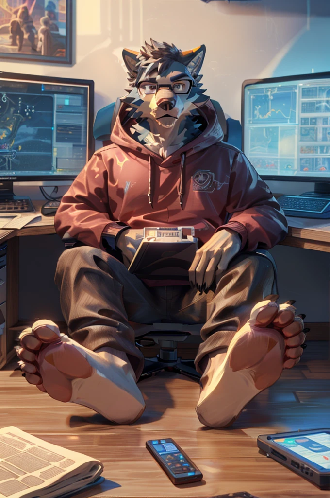 (((Barefoot furry character, full body, cinematic setting, furry male, plantigrade))) computer lab scene with a tech-savvy Wolf, Legoshi, wearing a hoodie and glasses, sitting at a computer desk surrounded by monitors and circuit boards, long brown pants, nice soles of feet paws, (((showing soles to viewer))) BREAK, detailed background, 8K, (masterpiece:1.5), intricate details, highly detailed, extreme detail, octane render, fine art, best quality, highres, (detailed face:1.5), ((full_body)), UHD, (((perfect hands))), low light