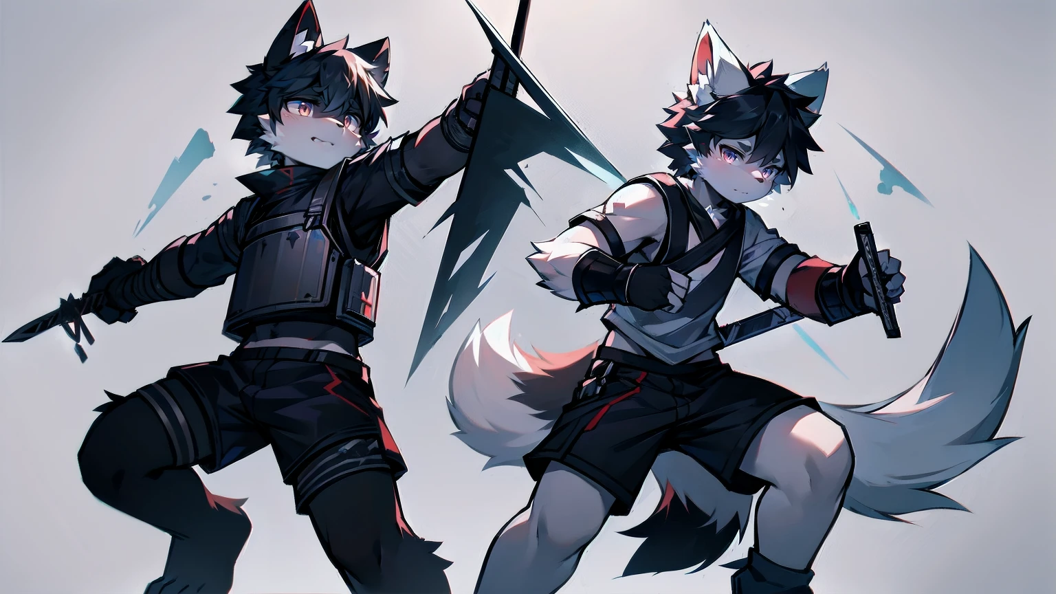 White Wolf,black hair,Red eyes,Wolf ears,Wolf Tail,juvenile,male,hairy,Hair,Half body armor,Combat uniform,Silver and black clothing,Handsome,Handsome,shorts,The forearm is exposed,leg,Fighting Stance,Duel,Two people,Anxious,Armed with a sword,Simple background,Swords