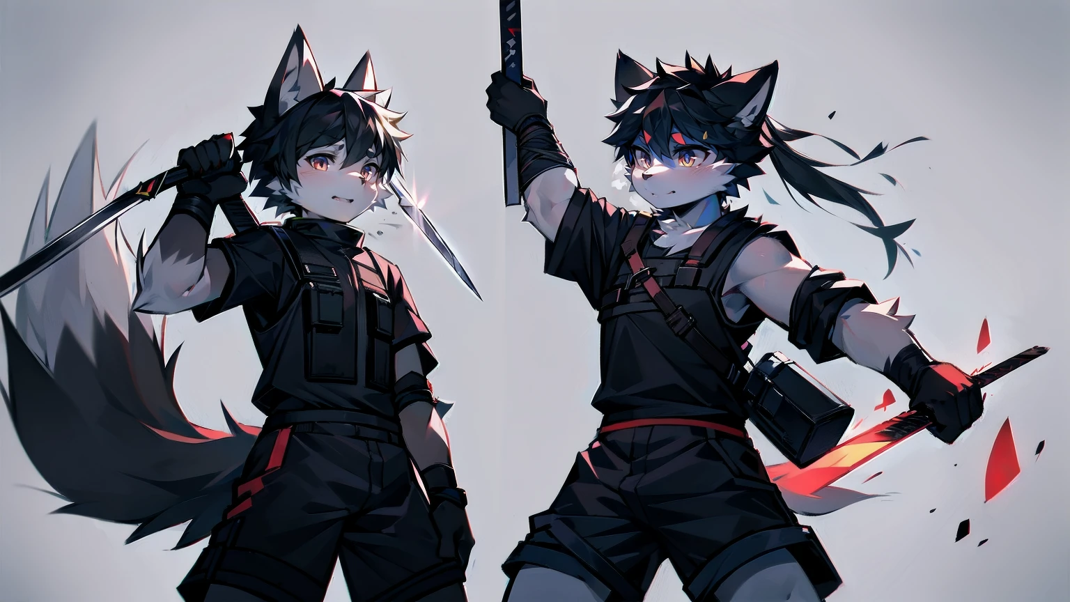 White Wolf，black hair，Red eyes，Wolf ears，Wolf Tail，juvenile，male，hairy，Hair，Half body armor，Combat uniform，Silver and black clothing，Handsome，Handsome，shorts，The forearm is exposed，leg，Fighting Stance，Duel，Two people，Anxious，Armed with a sword，Simple background，Swords