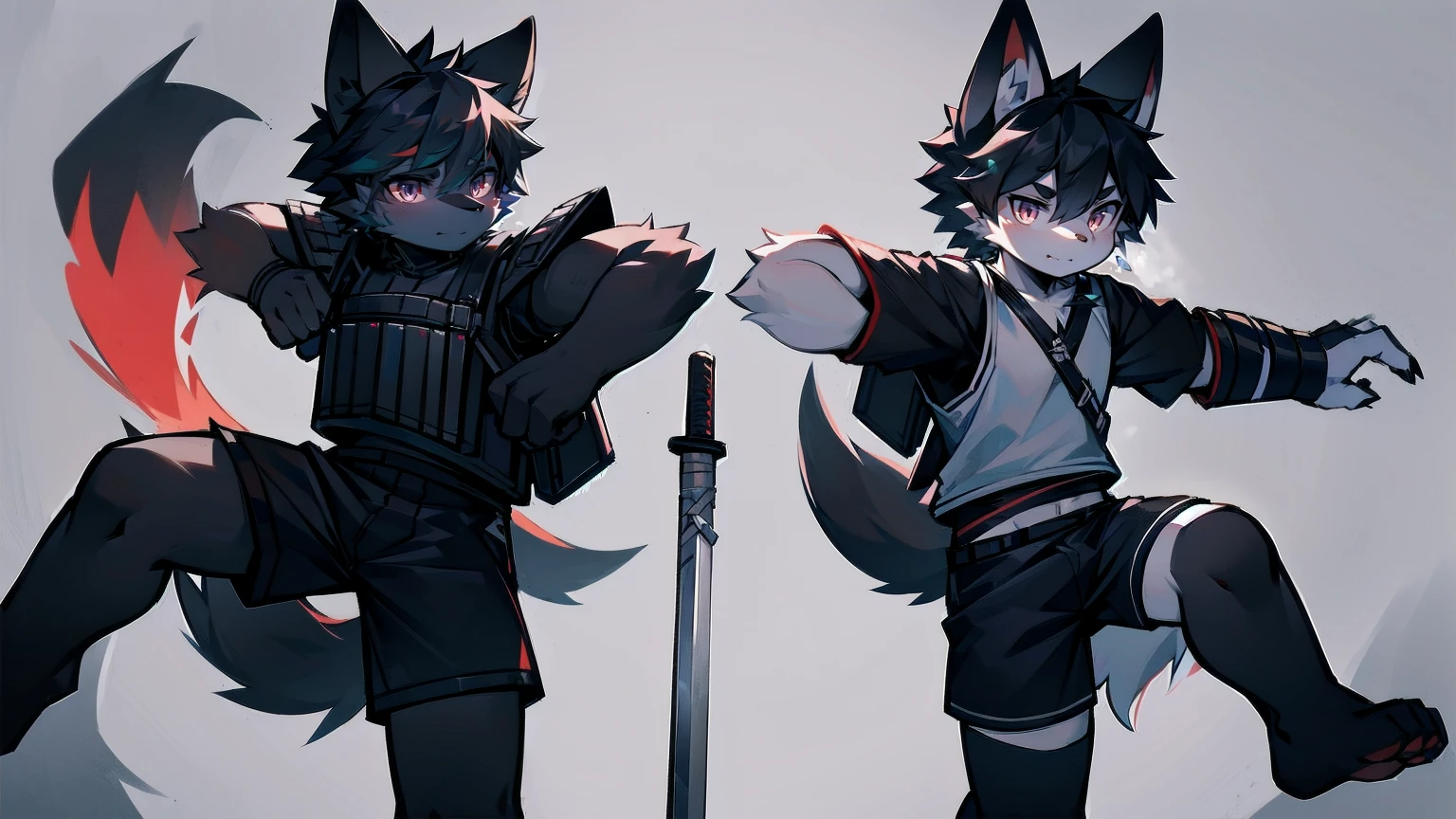 White Wolf,black hair,Red eyes,Wolf ears,Wolf Tail,juvenile,male,hairy,Hair,Half body armor,Combat uniform,Silver and black clothing,Handsome,Handsome,shorts,The forearm is exposed,leg,Fighting Stance,Duel,Two people,Anxious,Armed with a sword,Simple background,Swords