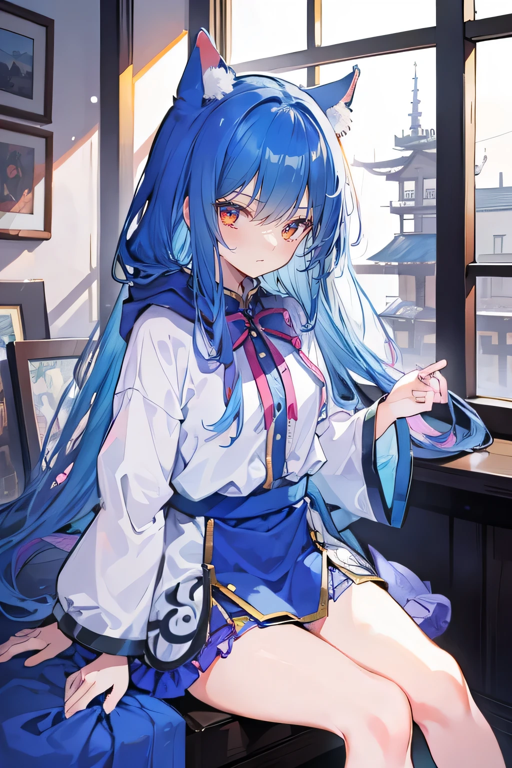(masterpiece:1.2),Super detailed,lifelike,Expressive eyes,fair skin,perfect face shape,1 girl,
Japanese comics,Gorgeous blue hair,flowing blue hair,flowing clothes,Cat ears,Petals fall,beautiful lola,Baby Angel,
Shaking head with one hand,Cross your legs,Gentle and peaceful background,The pavilion is cool and comfortable,smile, wearing hoodie, In front of the window,snowing