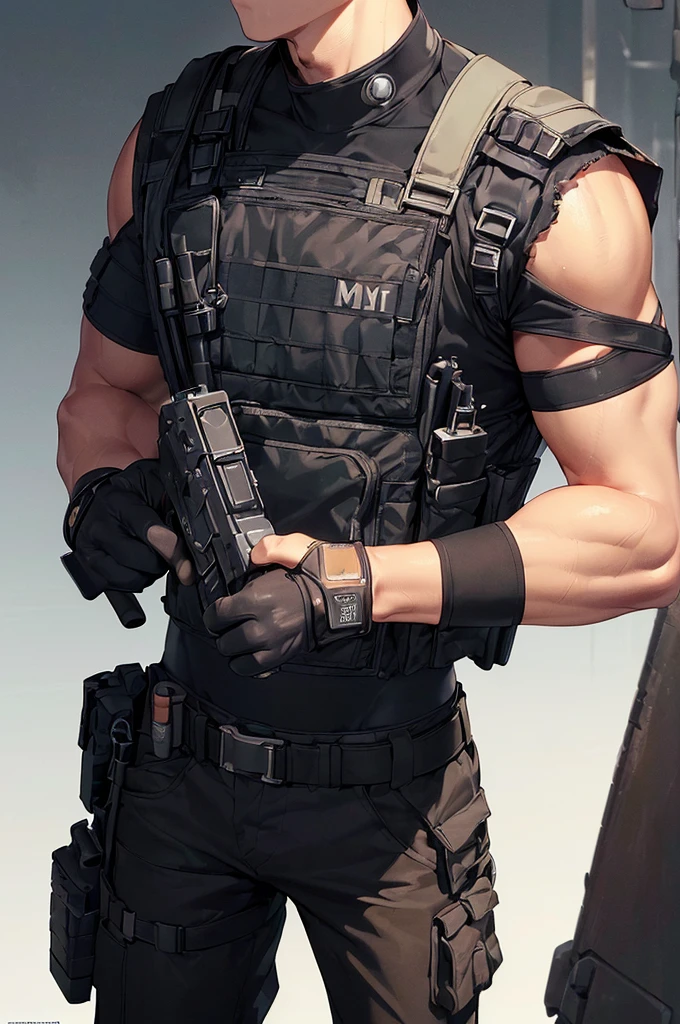 (((masterpiece; best quality: 1.2))), (finely detailed eyes: 1.3), (25 year old man), (solo), (black eyes: 1.4), (body; muscular, fit, masculine: 1.3), (short brown hair: 1.3), (beautiful and clear background: 1.2), ((depth of field)), (equipment: spec ops full black tactical combat-ready gear + black gloves + black baseball cap + holstered gun + pouches: 1.3), (anime illustration: 1.2), (background composition; military base office: 1.1), (extremely fine and handsome: 1.1), (shot composition; standing + centered on torso + close-up: 1.5), (expression; calm, stoic: 1.2)