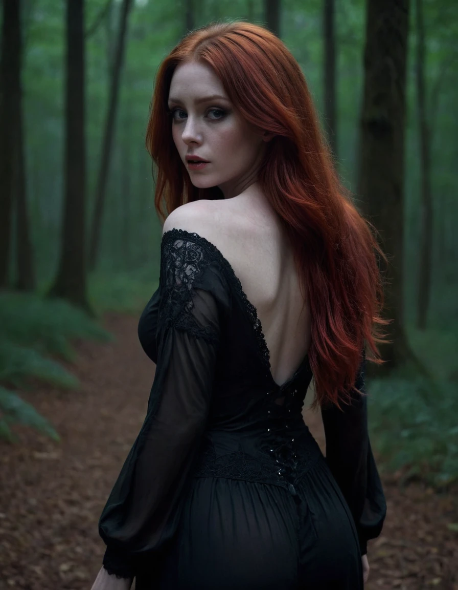 a beautiful woman, ((big breasted)), with long red hair, pale white skin, gothic shirt, dark gothic style, Tim Burton inspired, walking in the forest, sexy, hot, her back is beautiful,, detailed face, intricate details, volumetric lighting, cinematic composition, vibrant colors, chiaroscuro lighting, dramatic shadows, dreamlike atmosphere, masterpiece, 8k, photorealistic