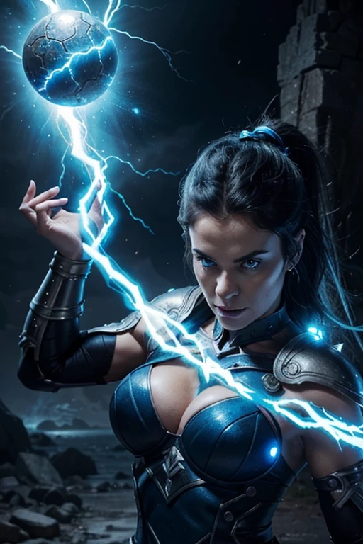 MILF, evil beautiful and muscular Nordic female storm giant with blue black hair in a ponytail, older and mature woman, throwing a lightning ball, glowing tattoos, wearing steel runic plate mail Armour , temple cave background with lightning storm, glowing blue eyes, square jaw, powerful and imposing 