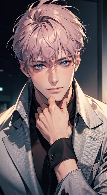 (Highest quality,4K,8K,High resolution,masterpiece:1.2),Super detailed,(Realistic,photoRealistic,photo-Realistic:1.37),1 person,31 years old,Mature Men,Beautiful skin、very handsome,Expressionless,smile,Short gray pink hair,blue eyes,Sharp Eyes,A perfect face without a doubt,Businessman,Office Background,Cinema Lighting,HDR image,tie、