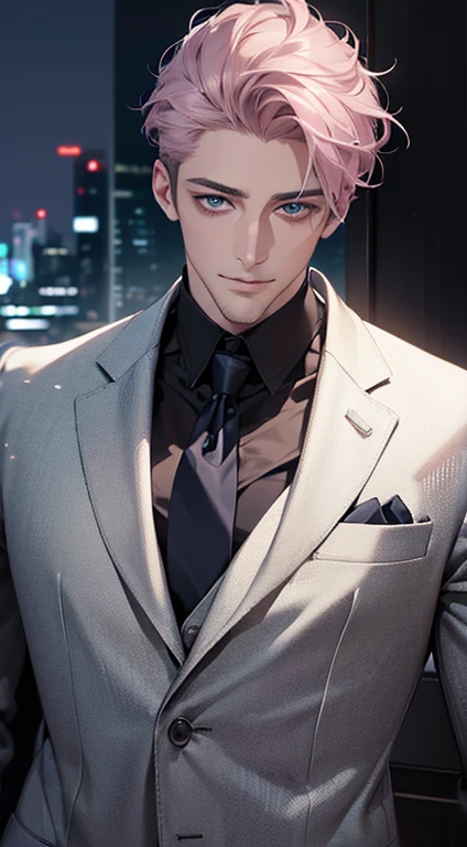 (Highest quality,4K,8K,High resolution,masterpiece:1.2),Super detailed,(Realistic,photoRealistic,photo-Realistic:1.37),1 person,31 years old,Mature Men,Beautiful skin、very handsome,Expressionless,smile,Short gray pink hair,blue eyes,Sharp Eyes,A perfect face without a doubt,Businessman,Office Background,Cinema Lighting,HDR image,tie、