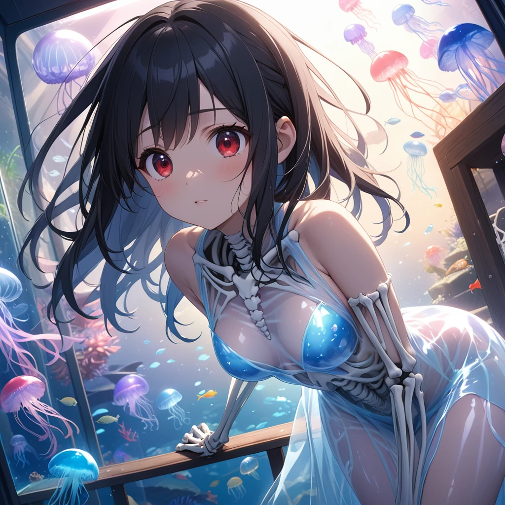 1girl、Black Hair、Red eyes、Skeleton Body、Translucent Dress、Blue jellyfish、aquarium、deep faint light 、 detailed CG、high resolution