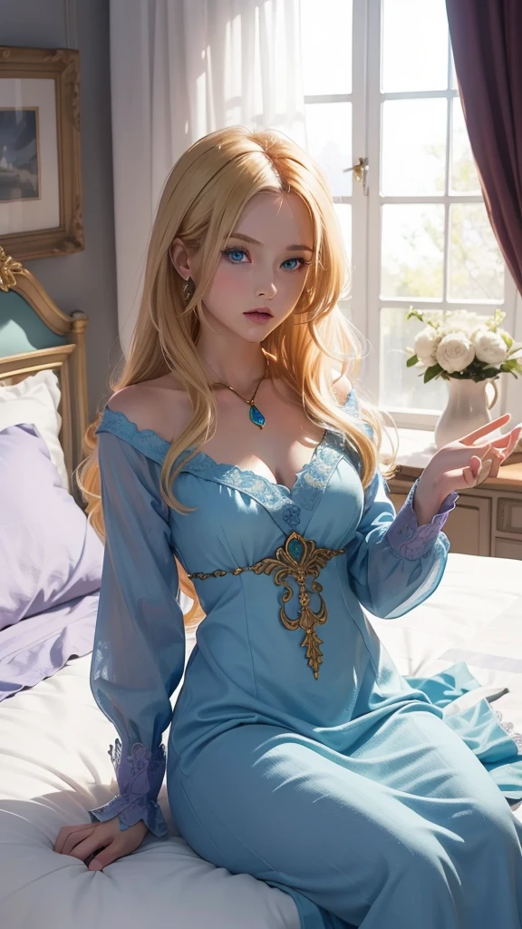  The image is a digital artwork featuring a female character with long blonde hair, blue eyes, and a blue dress with purple and green accents, sitting on a bed with a golden lamp and a white pillow.