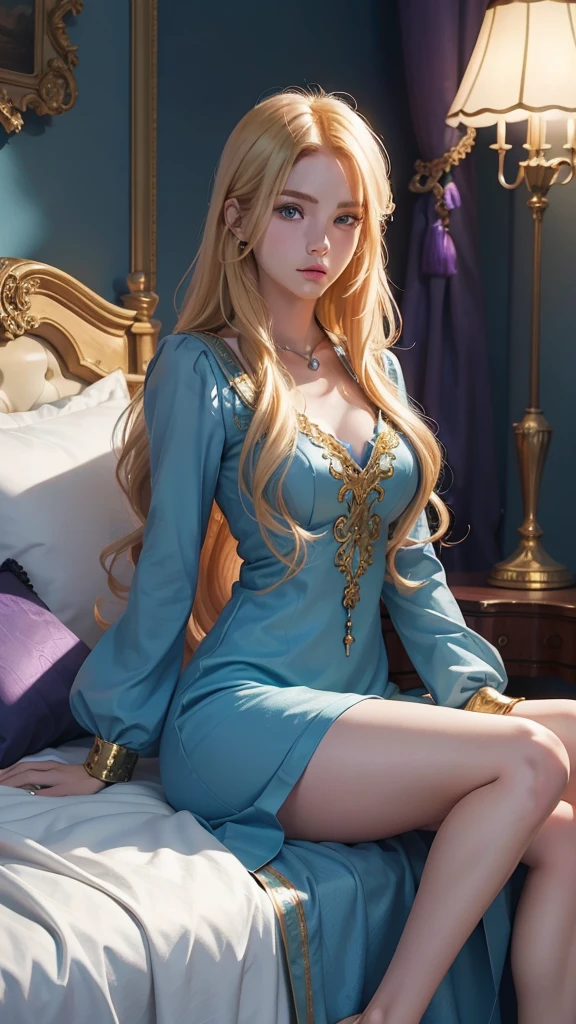  The image is a digital artwork featuring a female character with long blonde hair, blue eyes, and a blue dress with purple and green accents, sitting on a bed with a golden lamp and a white pillow.