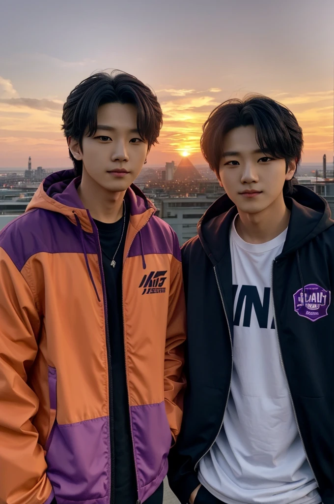 image, Han and Lee know from stray kids being together showing the halves of their faces while in the background you can see a beautiful sunset of three colors made up of purple, orange and red in the sky at sunset