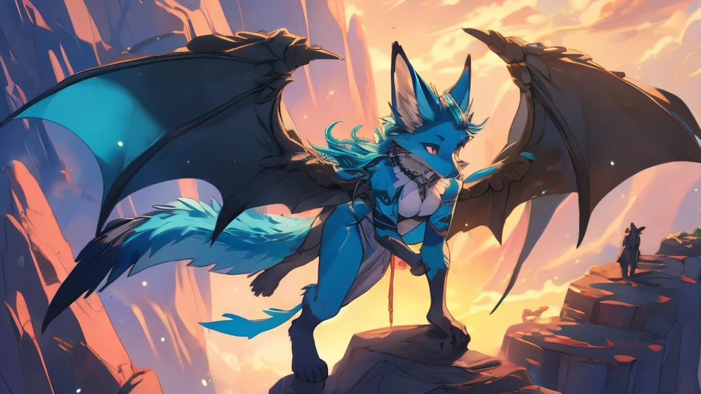 Aqua vixen add high definition_detail:1, blue fur,kitsune ears, tribal tattoo add_detail:1, barefoot, the same, giant black feather wings add_detail:1 ,alas hermosas la mejor calidad y detail en las plumas, flying over a beautiful cliff, add blue saturation light_detail:1, dark aura add_detail:1 power in her hands add_detail:1