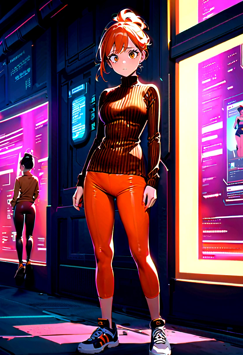 Woman with orange skin, Simple low-cut turtleneck sweater with orange horizontal stripes, coffee sports pants, dark metallic orange hair, medium breasts, beautiful legs, large eyes, cyberpunk background, brown tennis shoes, short legs, anxious, messy ponytail hair up, standing, Second plan, 1.55 tall,