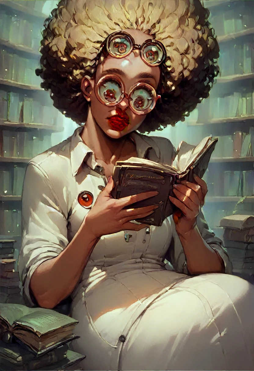 lady scientist, best quality, ultra details), a woman reading a nursing book ,Round face, looking 35 years old, beautiful detailed eyes, (eyes browns:), afro blonde hair,beautiful detailed red lips, corpo mid size,studying , a quiet library, soft natural lighting, Shelves full of books, reading glasses, concentrated expression, Round face, corpo mid size, (best quality, ultra details),