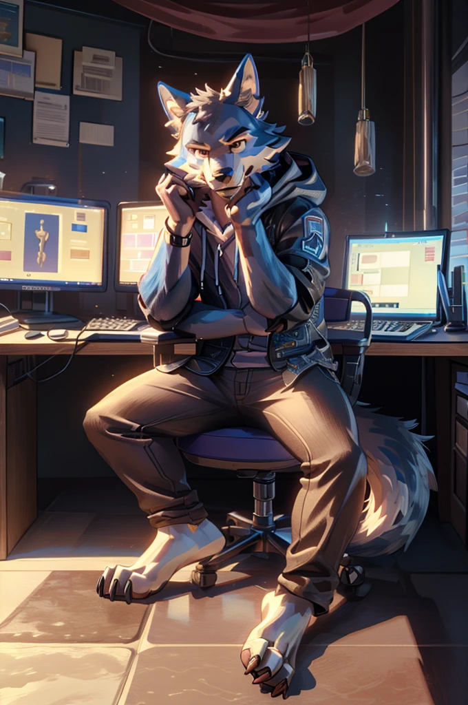 (((Barefoot furry character, full body, cinematic setting, furry male, plantigrade))) computer lab scene with a tech-savvy Wolf, Legoshi, wearing a hoodie and glasses, sitting at a computer desk surrounded by monitors and circuit boards, long brown pants, nice soles of feet paws, (((showing soles to viewer))) BREAK, detailed background, 8K, (masterpiece:1.5), intricate details, highly detailed, extreme detail, octane render, fine art, best quality, highres, (detailed face:1.5), ((full_body)), UHD, (((perfect hands))), low light