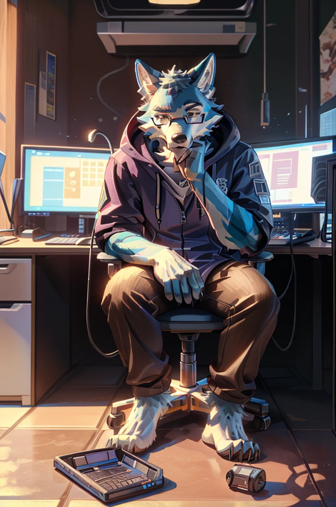 (((Barefoot furry character, full body, cinematic setting, furry male, plantigrade))) computer lab scene with a tech-savvy Wolf, Legoshi, wearing a hoodie and glasses, sitting at a computer desk surrounded by monitors and circuit boards, long brown pants, nice soles of feet paws, (((showing soles to viewer))) BREAK, detailed background, 8K, (masterpiece:1.5), intricate details, highly detailed, extreme detail, octane render, fine art, best quality, highres, (detailed face:1.5), ((full_body)), UHD, (((perfect hands))), low light