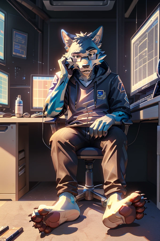 (((Barefoot furry character, full body, cinematic setting, furry male, plantigrade))) computer lab scene with a tech-savvy Wolf, Legoshi, wearing a hoodie and glasses, sitting at a computer desk surrounded by monitors and circuit boards, long brown pants, nice soles of feet paws, (((showing soles to viewer))) BREAK, detailed background, 8K, (masterpiece:1.5), intricate details, highly detailed, extreme detail, octane render, fine art, best quality, highres, (detailed face:1.5), ((full_body)), UHD, (((perfect hands))), low light