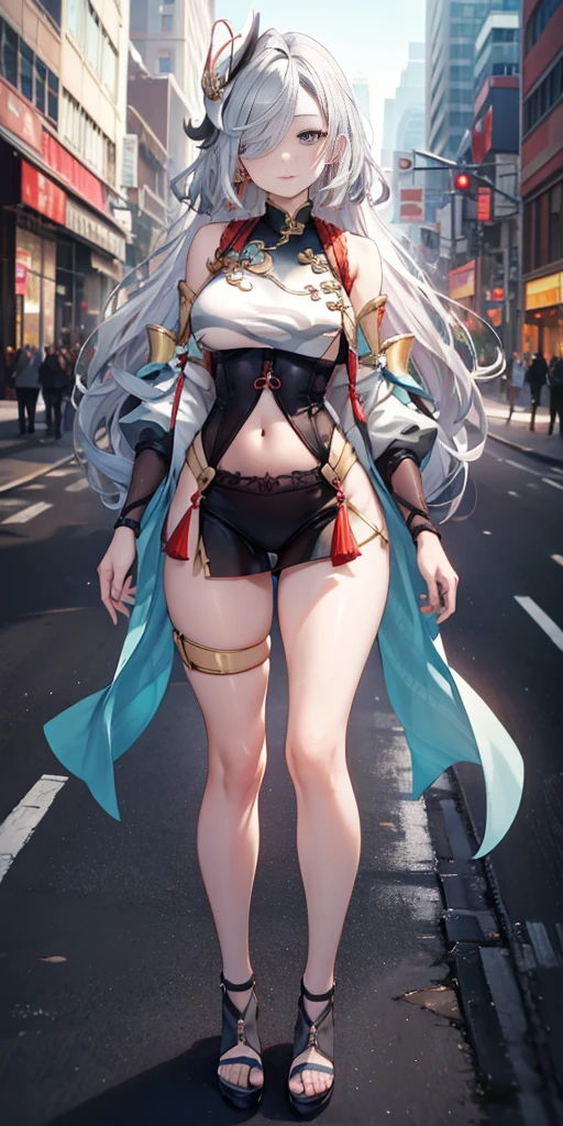 Shenhe V4, (Shen He wears a sweater),, stocking, (Solitary:1.1), (Mature woman:1.2), Pretty Face, (Delicate eyes), Symmetrical eyes, (Thin lips), (Long hair, Gray hair, Weaving, Hair covering one eye, Hair accessories), (Beautiful round breasts), Full body, Abdominal muscles, Bare belly, Slim waist, (masterpiece, Best quality), Soft ambient lighting, permanent, Front view, city street background, architecture, New York, Bright colors, sunny, Blue sky, Looking at the audience, Slim waist, HD, 8K, Bright colors, complex, (Abdominal musclesurdres:1.2), Vague_background, Bokeh, (Clear focus) ((Delicate face)), Facial details, (pov thigh)
