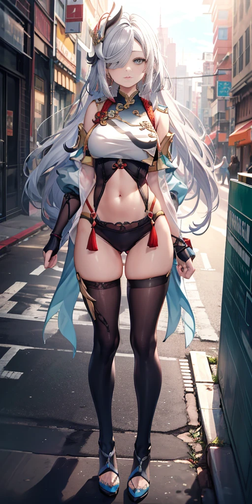 Shenhe V4, (Shen He wears a sweater),, stocking, (Solitary:1.1), (Mature woman:1.2), Pretty Face, (Delicate eyes), Symmetrical eyes, (Thin lips), (Long hair, Gray hair, Weaving, Hair covering one eye, Hair accessories), (Beautiful round breasts), Full body, Abdominal muscles, Bare belly, Slim waist, (masterpiece, Best quality), Soft ambient lighting, permanent, Front view, city street background, architecture, New York, Bright colors, sunny, Blue sky, Looking at the audience, Slim waist, HD, 8K, Bright colors, complex, (Abdominal musclesurdres:1.2), Vague_background, Bokeh, (Clear focus) ((Delicate face)), Facial details, (pov thigh)