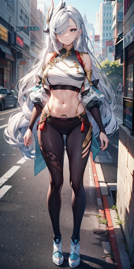 Shenhe V4, (Shen He wears a sweater),, stocking, (Solitary:1.1), (Mature woman:1.2), Pretty Face, (Delicate eyes), Symmetrical eyes, (Thin lips), (Long hair, Gray hair, Weaving, Hair covering one eye, Hair accessories), (Beautiful round breasts), Full body, Abdominal muscles, Bare belly, Slim waist, (masterpiece, Best quality), Soft ambient lighting, permanent, Front view, city street background, architecture, New York, Bright colors, sunny, Blue sky, Looking at the audience, Slim waist, HD, 8K, Bright colors, complex, (Abdominal musclesurdres:1.2), Vague_background, Bokeh, (Clear focus) ((Delicate face)), Facial details, (pov thigh)