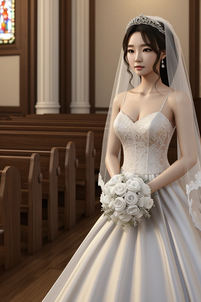 Korean model in a wedding gown she's going to take her vow in the church 3d render 