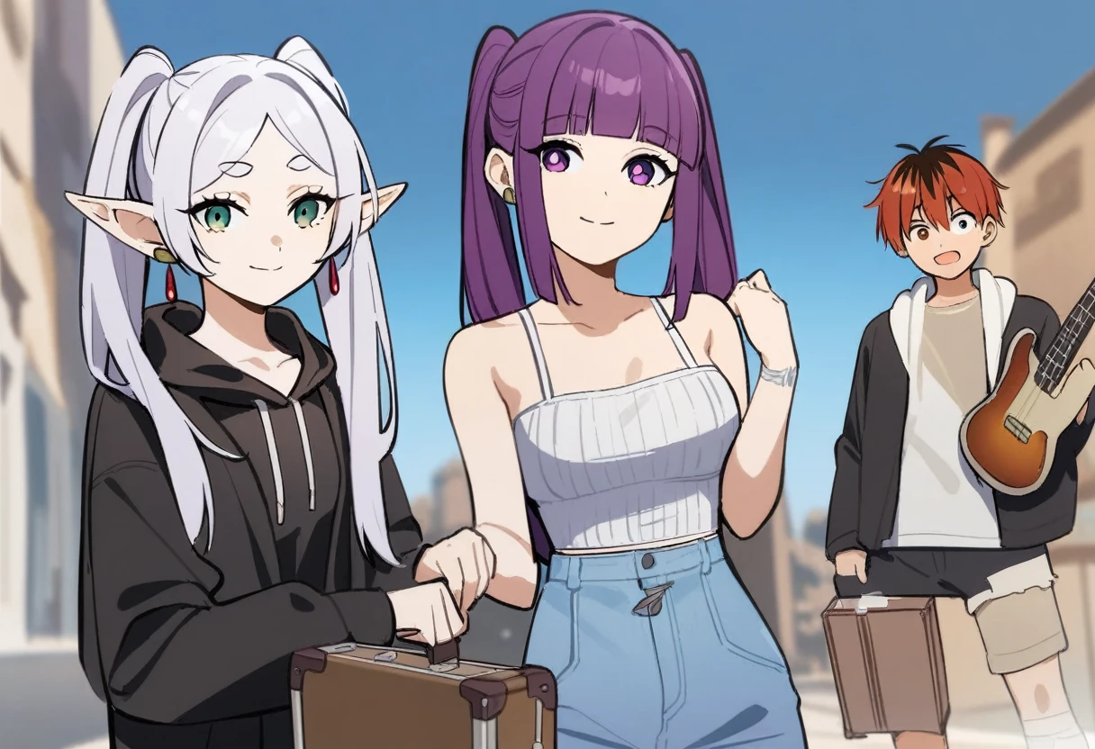 masterpiece,best quality,1boy, 2girls, fern \(sousou no frieren\), frieren, stark \(sousou no frieren\), feet out of frame, holding bass and guitar, looking at viewer, smile, closed mouth, open mouth, black jacket, tanktop,frayed denim,sunglasses,earrings,highres, invisible chair, sousou no frieren, suitcase