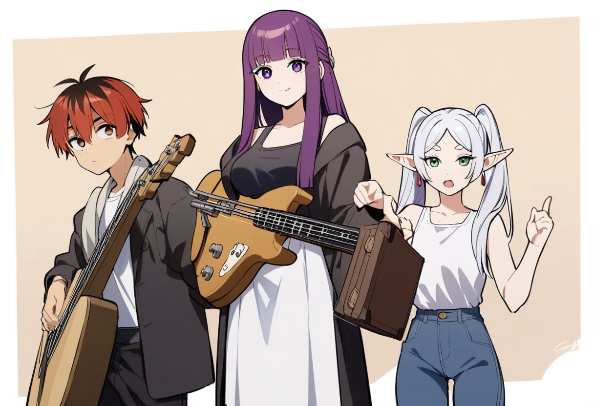 masterpiece,best quality,1boy, 2girls, fern \(sousou no frieren\), frieren, stark \(sousou no frieren\), feet out of frame, holding bass and guitar, looking at viewer, smile, closed mouth, open mouth, black jacket, tanktop,frayed denim,sunglasses,earrings,highres, invisible chair, sousou no frieren, suitcase