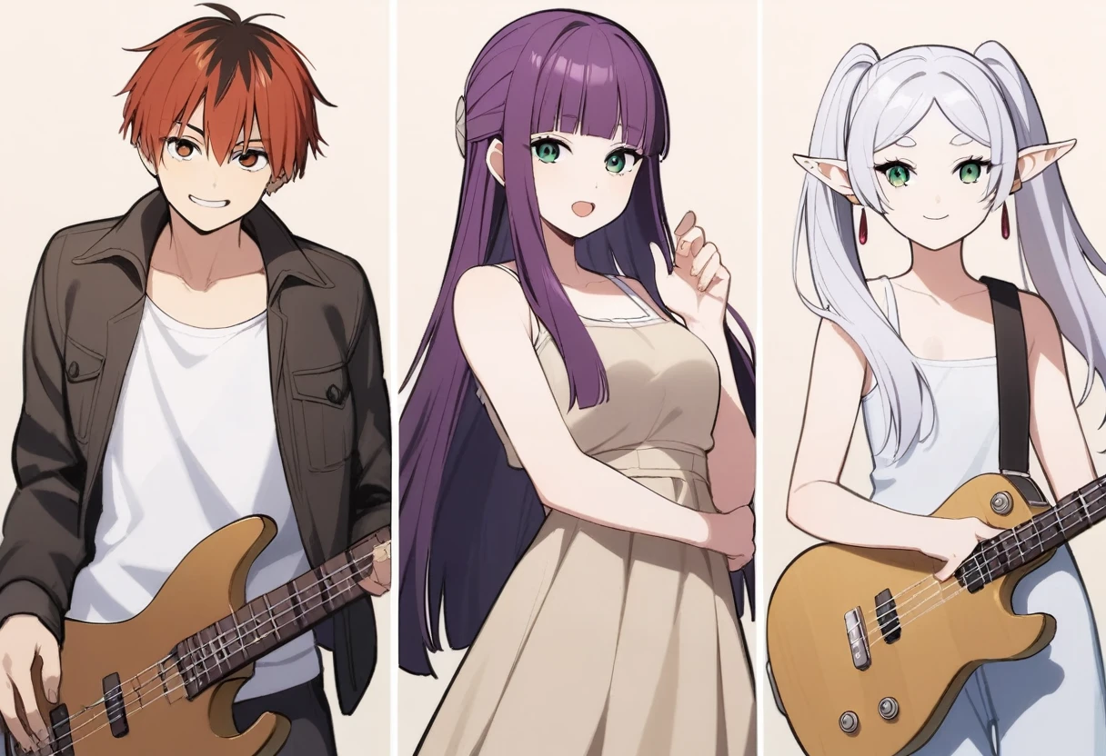 masterpiece,best quality,1boy, 2girls, fern \(sousou no frieren\), frieren, stark \(sousou no frieren\), feet out of frame, holding bass and guitar, looking at viewer, smile, closed mouth, open mouth, black jacket, tanktop,frayed denim,sunglasses,earrings,highres, invisible chair, sousou no frieren, suitcase
