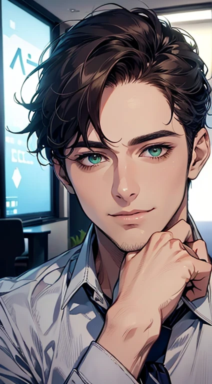 (Highest quality,4K,8K,High resolution,masterpiece:1.2),Super detailed,(Realistic,photoRealistic,photo-Realistic:1.37),1 person,34 years old,Mature Men,Beautiful skin、very handsome,Expressionless smile in love,Short dark blue hair,green eyes,Sharp Eyes,A perfect face without a doubt,Businessman,Office Background,Cinema Lighting,HDR image,tie、