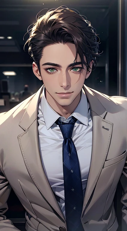 (Highest quality,4K,8K,High resolution,masterpiece:1.2),Super detailed,(Realistic,photoRealistic,photo-Realistic:1.37),1 person,34 years old,Mature Men,Beautiful skin、very handsome,Expressionless smile in love,Short dark blue hair,green eyes,Sharp Eyes,A perfect face without a doubt,Businessman,Office Background,Cinema Lighting,HDR image,tie、