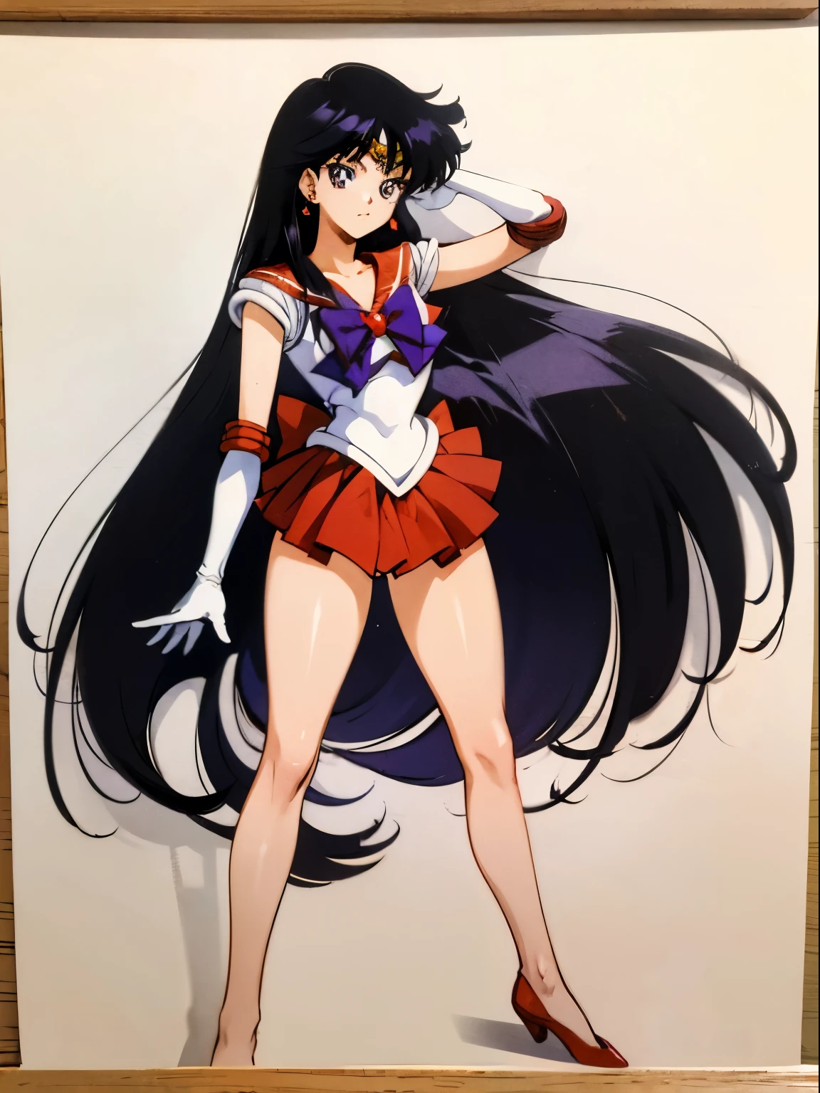 sailor mars, 1 girl, black hair, long hair, black eyes, detailed eyes, simple background, female focus, alone, Standing, rei hino, portrait, full body, (Masterpiece:1.0), (best quality:1.0) , (8k wallpaper:1.0), (detailed beautiful face:1.0), (detailed deep eyes), deep eyes, looking at viewer, sailor scout, purple bow on chest, red skirt, white gloves,