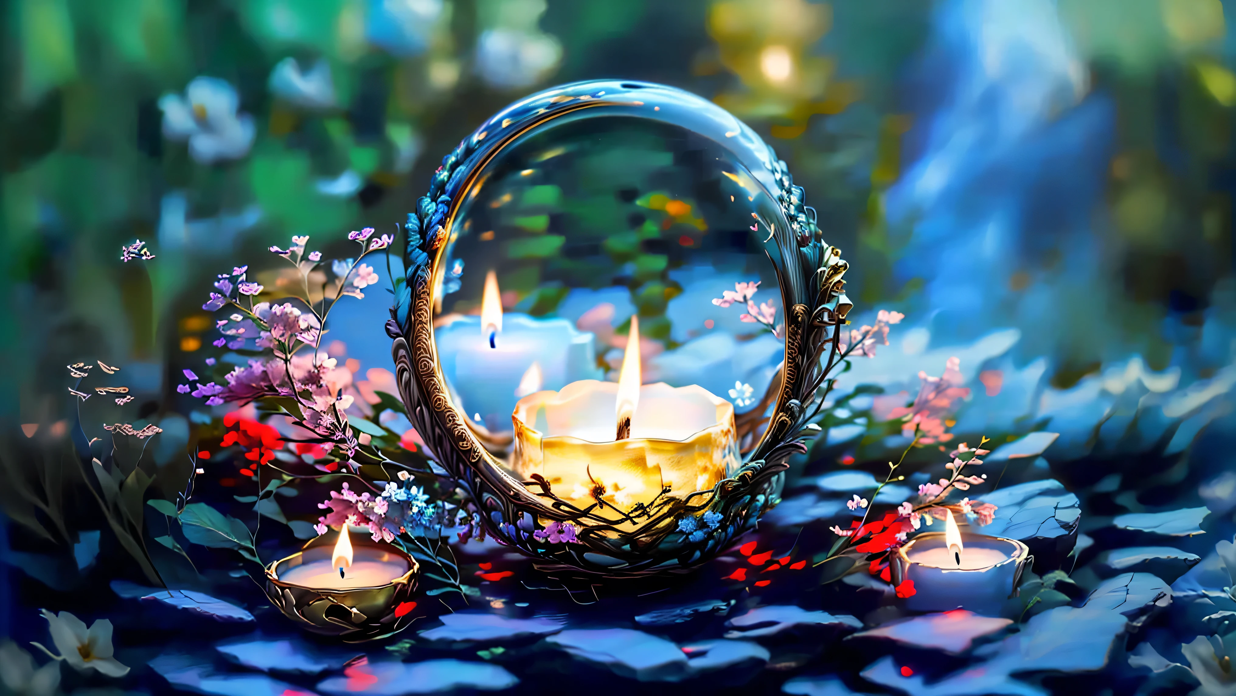 A lit candle in a circular glass bowl with stones and flowers, Peaceful atmosphere, Relaxed atmosphere, Candles in the foreground, Beautiful atmosphere, Candlelit, relaxed mood, Night atmosphere, Peaceful atmosphere, The candle is lit, Candlelights, Beautiful atmosphere, Relaxing environment, Floating Candles, Quiet and peaceful atmosphere, Very peaceful mood, Candlelight, Light a candle