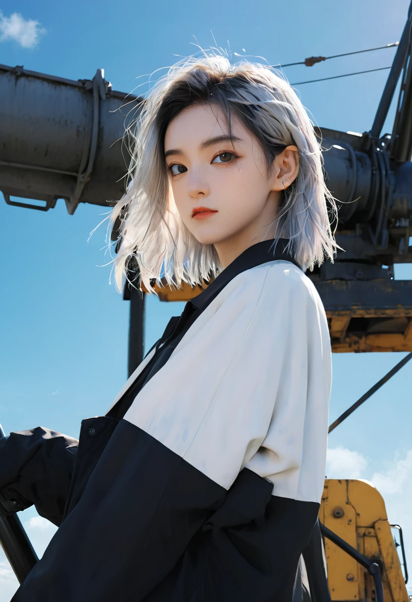 masterpiece, Top quality, Very detailed, Unity 8K wallpaper, (Ride on a crane), Sky, 1 girl, heavy machine, Gradient hair, Hair between the eyes, Ahog, age: 16, look back, Pretty Face, White Niso,