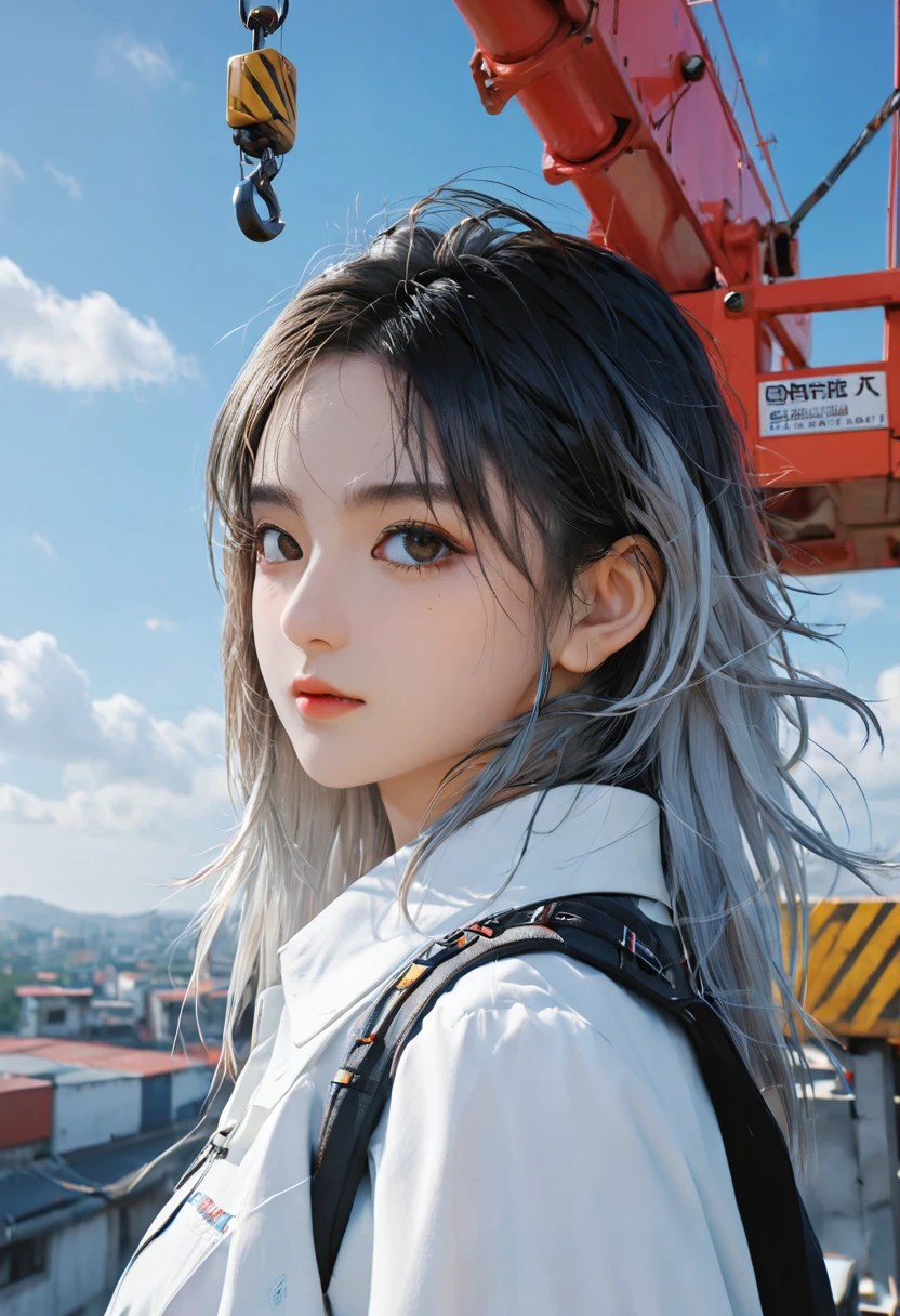 masterpiece, Top quality, Very detailed, Unity 8K wallpaper, (Ride on a crane), Sky, 1 girl, heavy machine, Gradient hair, Hair between the eyes, Ahog, age: 16, look back, Pretty Face, White Niso,